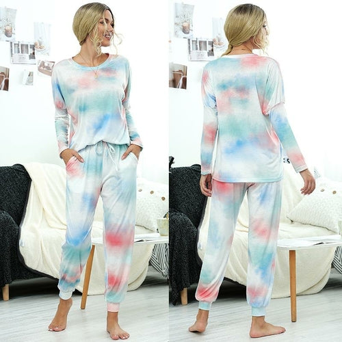 Women Causal Long Sleeve Printed Loose Tops and Pants Two-piece
