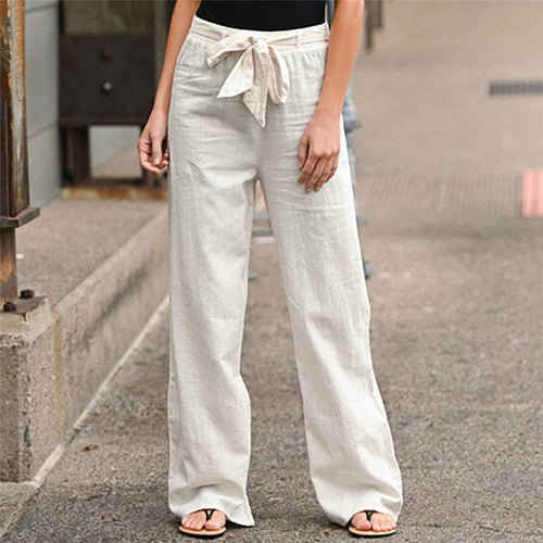 Women Pants Fashion Linen Cotton Solid Elastic Waist Trousers
