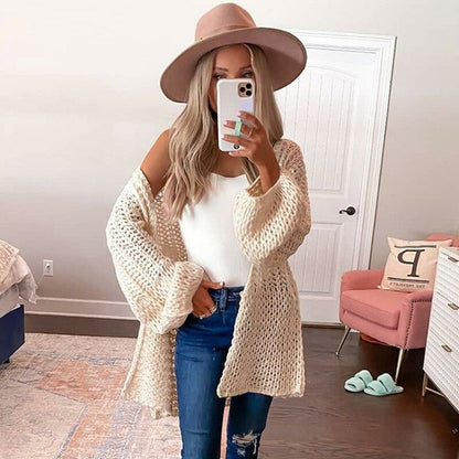 Foridol Hollow Out Long Sweater Cardigans Women Autumn Knitted