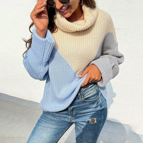 Patchwork Turtleneck Knitted Sweater Pullovers