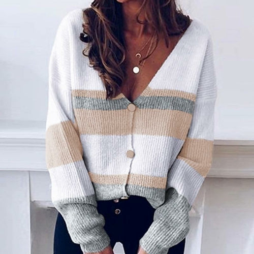 Patchwork Knitted Sweaters Lady Long Sleeve Cardigan