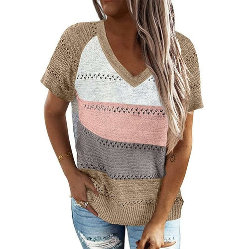Patchwork Hooded Sweater Long Sleeve V-neck Knitted Sweater Casual