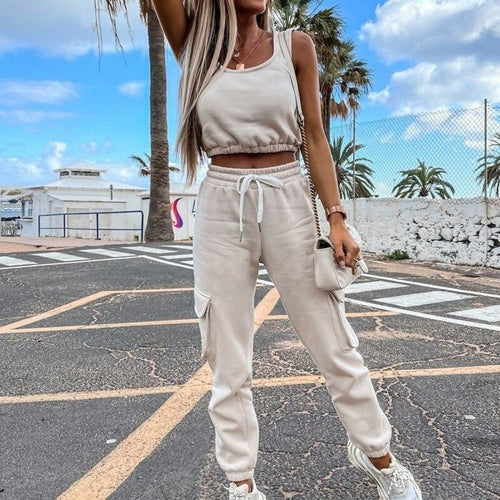 Summer Sexy Sleeveless Tank Tops + Pocket Sweatpants Suits